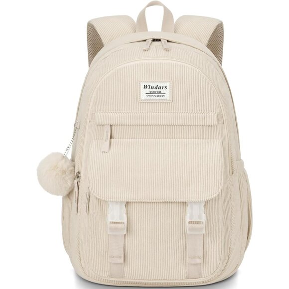 Cute Beige Corduroy Backpack for Girls - 15.6 Inch, Lightweight & Functional - Picture 1 of 6